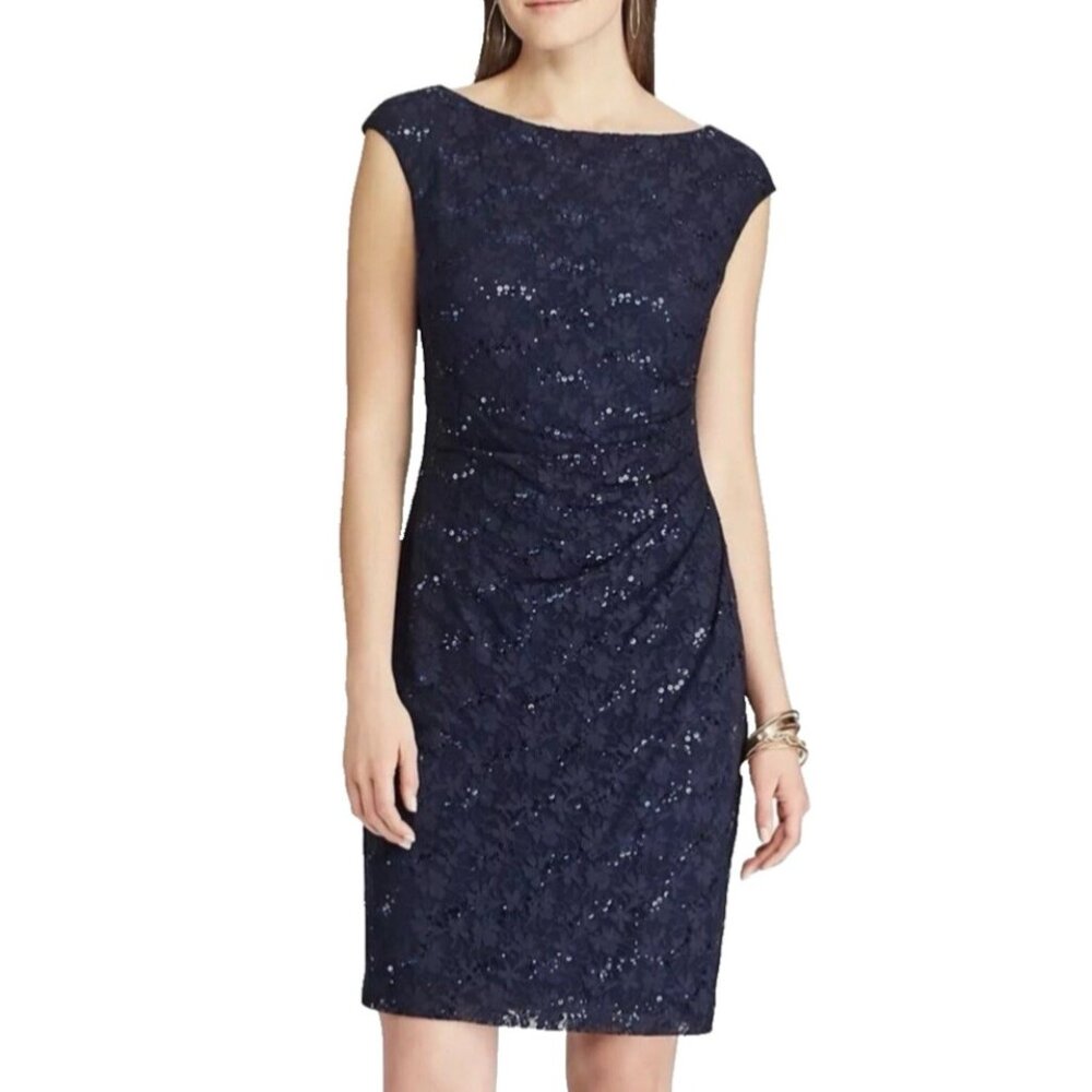 Chaps Ralph Lauren Dress 14 Stretch Sequin Lace Sheath Washable